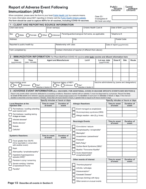 Adverse Event Following Immunization Form