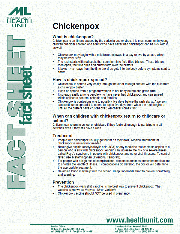 Front of chickenpox fact sheet