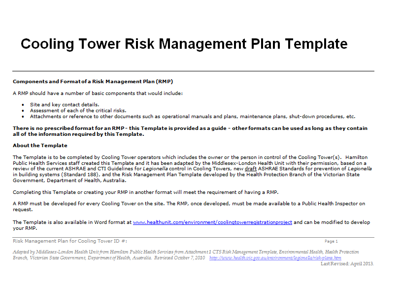 A picture of the first page of the Cooling Tower Risk Management Plan Template