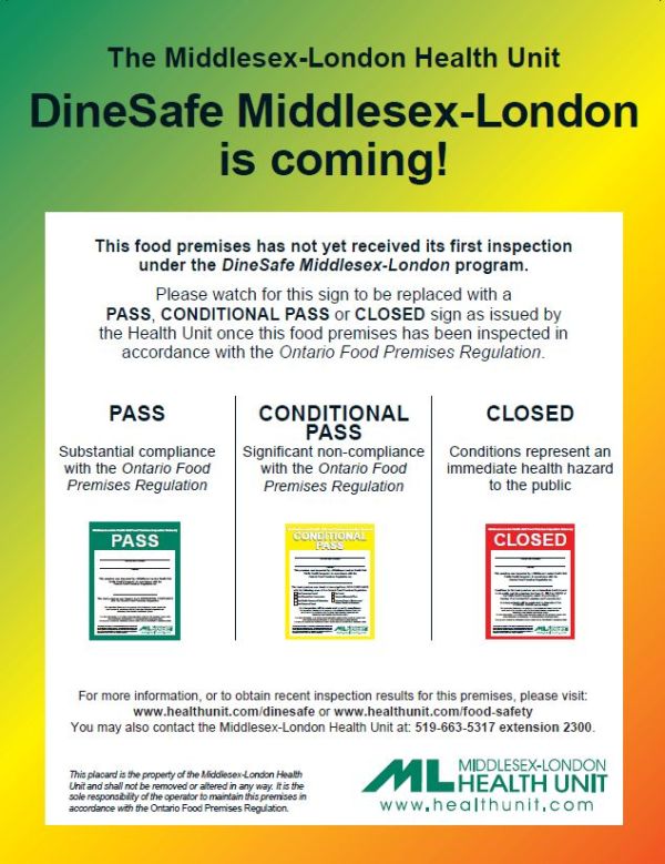 Picture of a DineSafe Middlesex-London is coming! sign