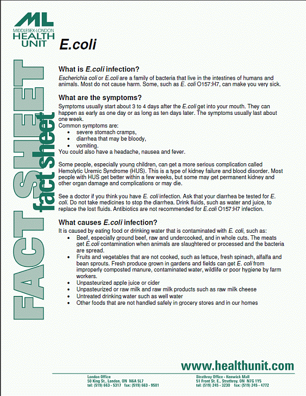 Front of E.coli fact sheet