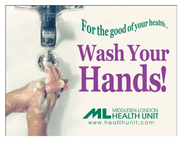 A picture of a poster saying for the good of your health wash your hands