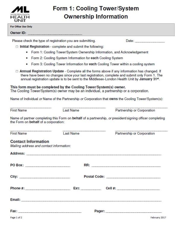 A picture of the first page of form 1 - Cooling Tower System Ownership Information Form