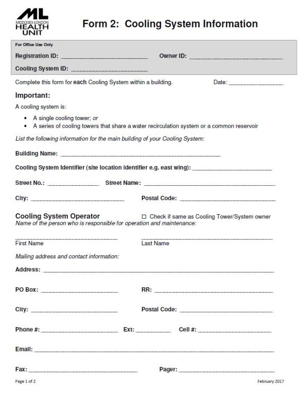 A picture of the first page of form 2 - Cooling System Information form