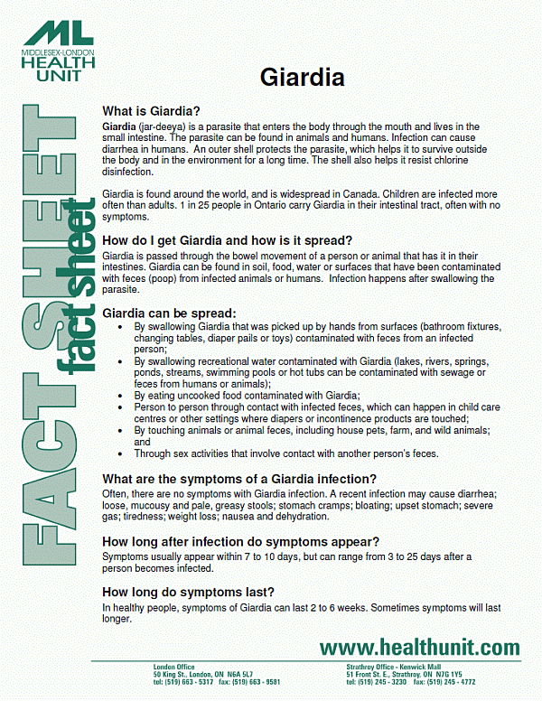 Front of Giardia fact sheet