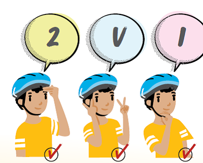 Cartoon image of child putting on helmet