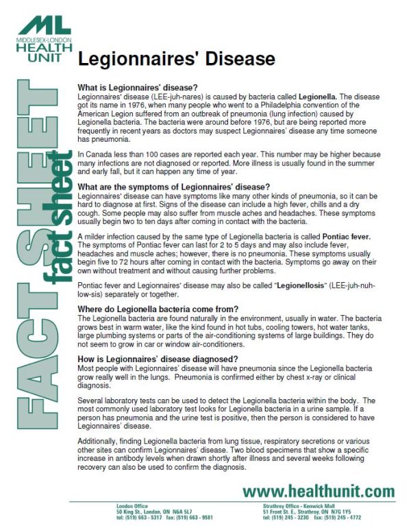 A picture of the first page of the Legionnaires' Disease fact sheet