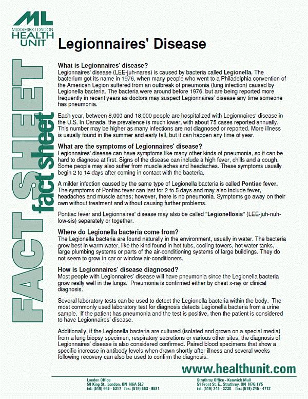 Front of legionnaires fact sheet
