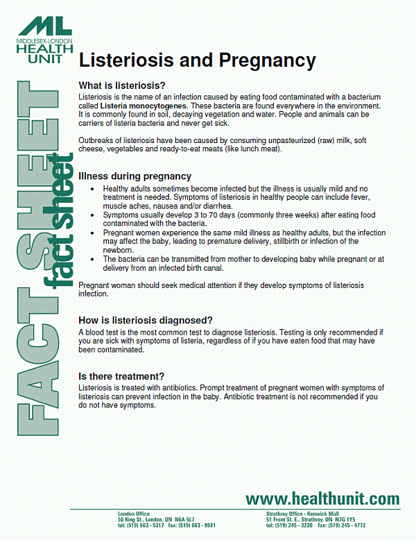 Front of Listeriosis and Pregnancy fact sheet
