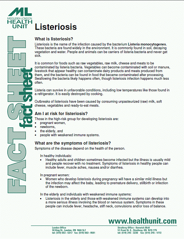 Front page of listeriosis fact sheet