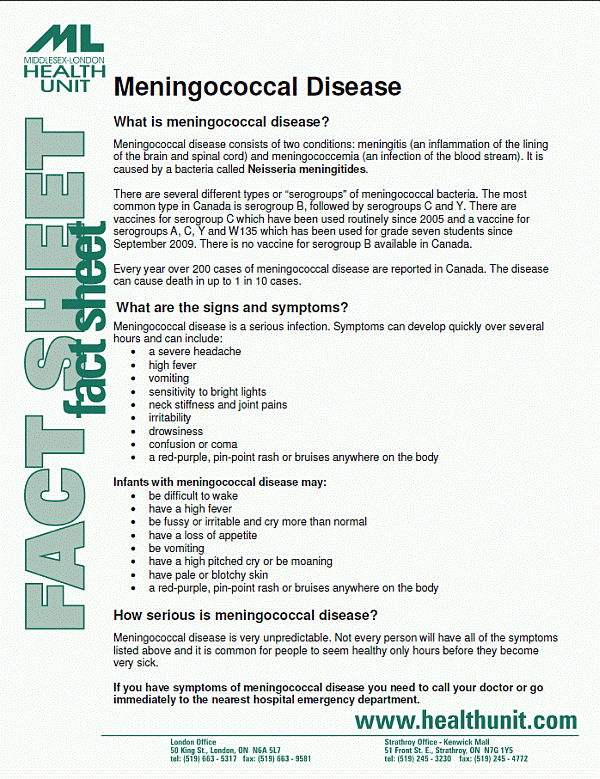 Front of Meningococcal Disease Fact Sheet