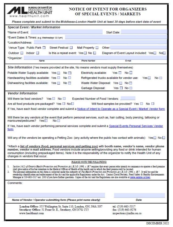 A picture of a Notice of Intent for Organizers of Special Events / Markets form