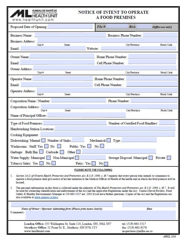 A picture of the Notice of Intent to Operate a Food Premises Form