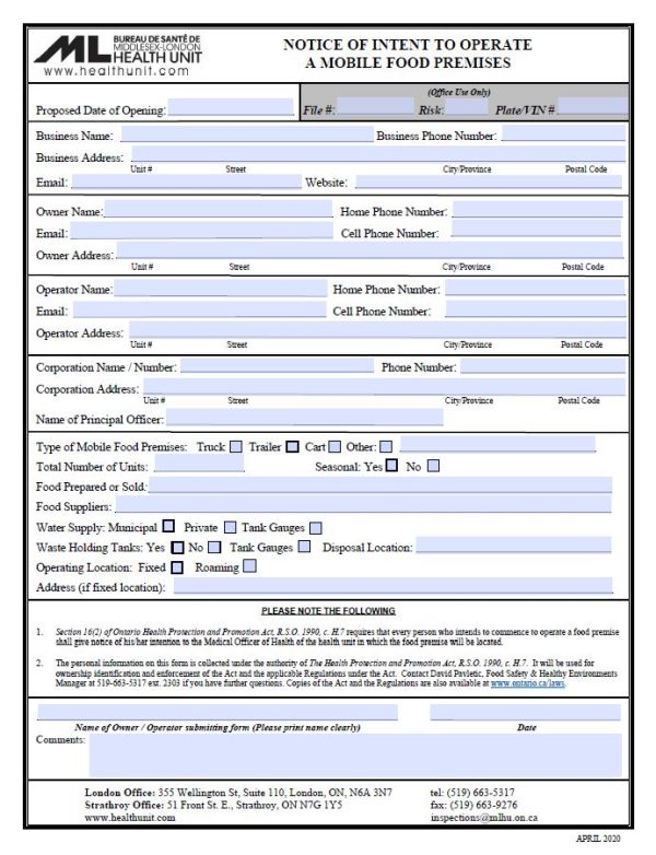 A picture of the Notice of Intent to Operate a Mobile Food Premises Form