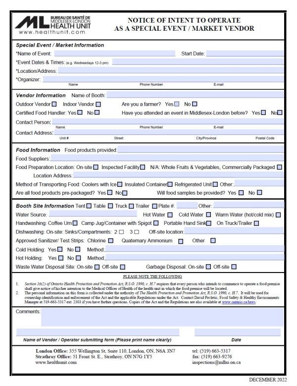 A picture of the Notice of Intent to Operate as a Special Event / Market Vendor Form