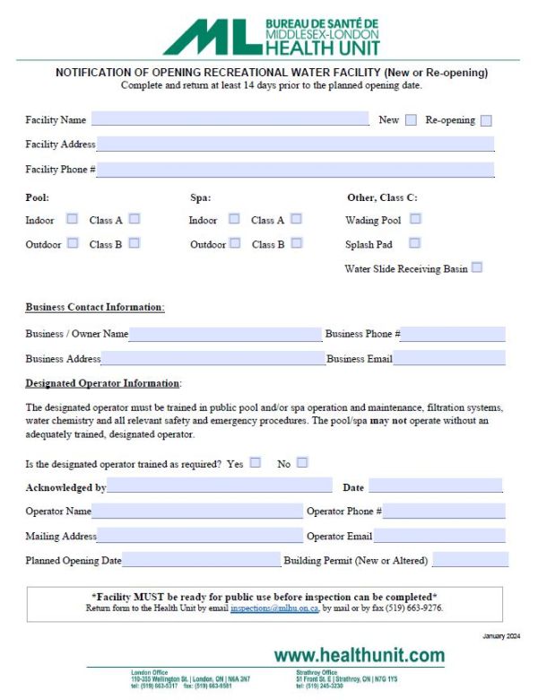 A picture of the notification of opening a recreational water facility form