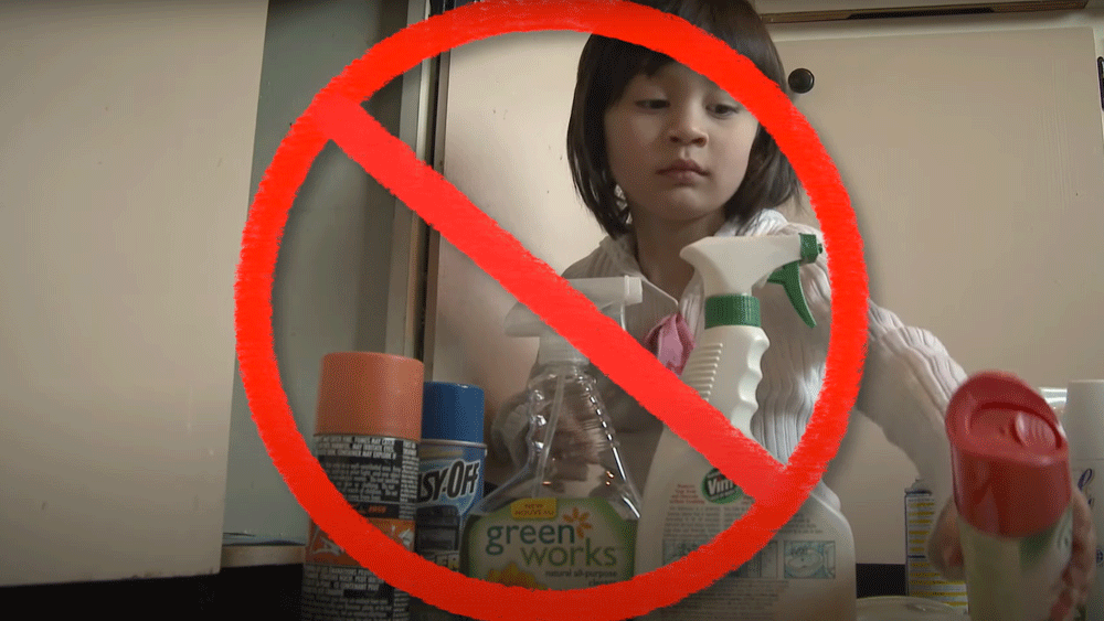 Young child holding kitchen cleaning products