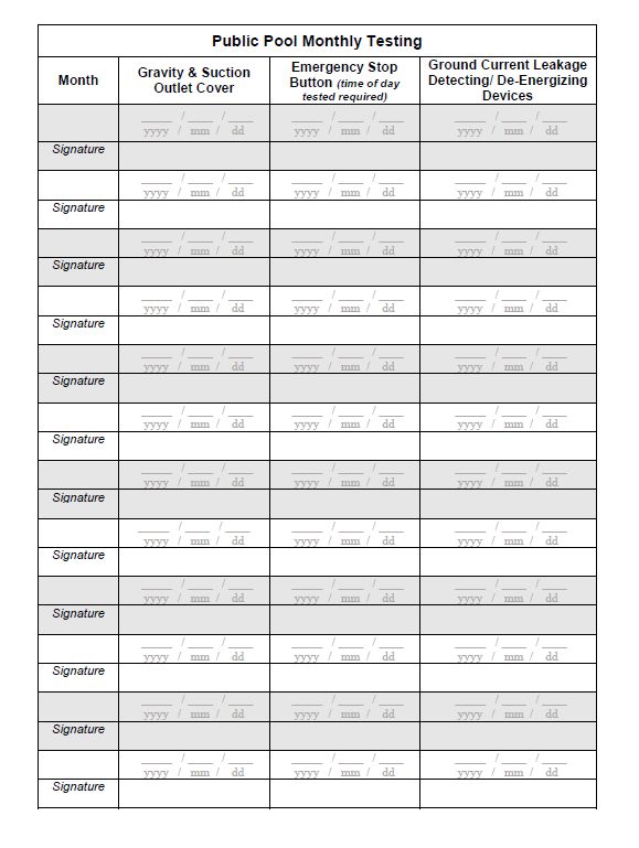 Image of a public pool monthly testing sheet