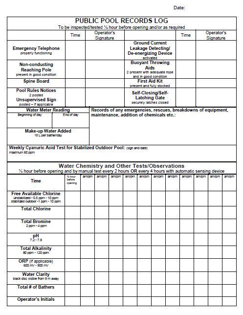 A picture of a public pool records log sheet