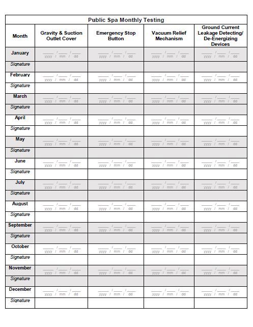 Image of a public spa monthly testing sheet