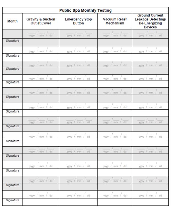 Image of a public spa monthly testing sheet