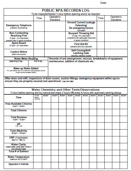 A picture of a public spa record log sheet