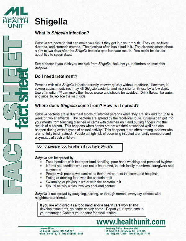 Front page of Shigella Fact Sheet