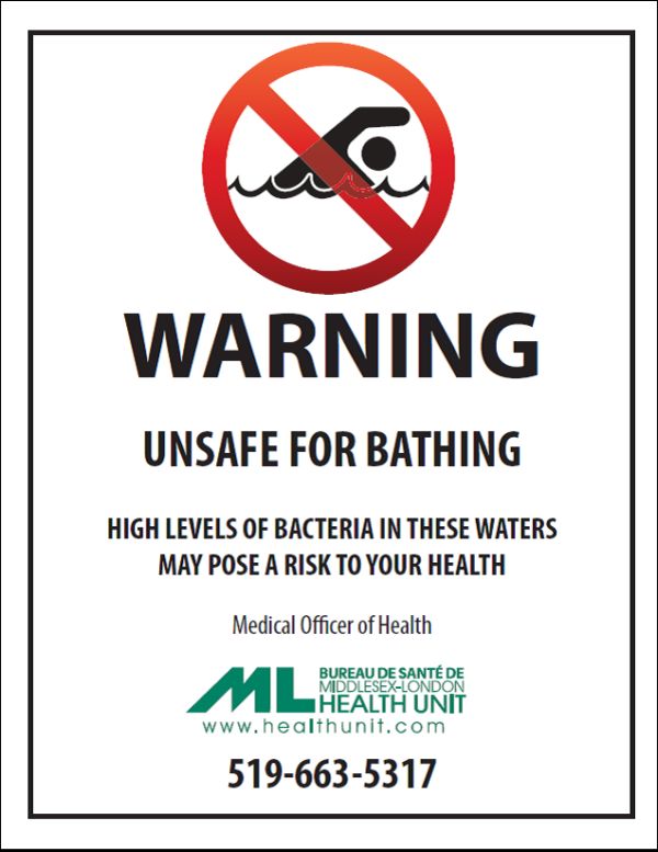 A picture of the warning sign posted at beaches with high bacterial levels.