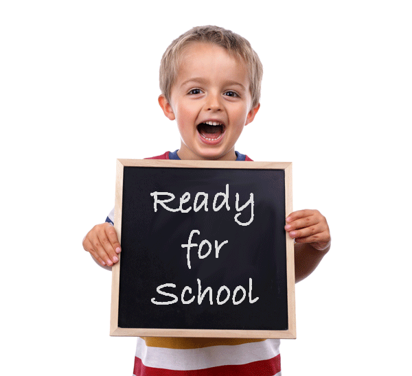 Young child holding ready for school sign